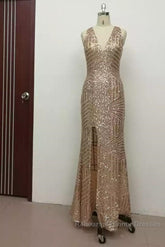 Sexy Leg Split Open Back Mermaid Sequins Semi Formal Prom Dresses